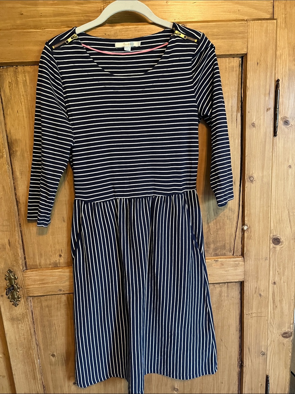 Boden Navy & White Striped Casual Dress with Gold Zipper Accents
